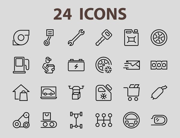 A simple set of car services related vector line icons. Contains icons such as oil, diagnostics, turbine, steering wheel, chassis, gearbox and much more. Editable move. 480x480 On a white background.