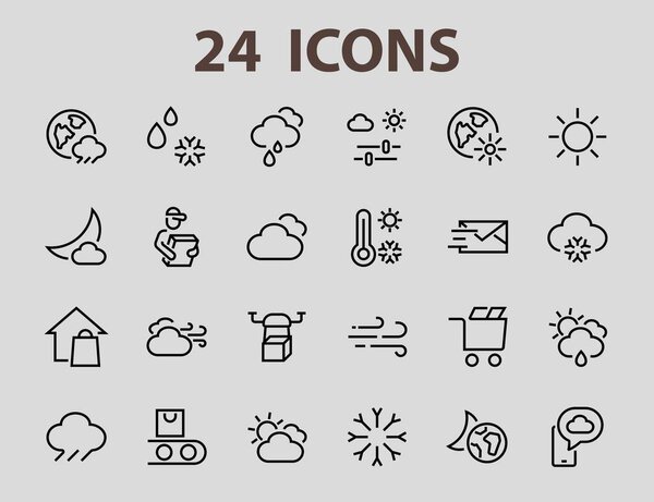 WEATHER set of icons, icons such as weather forecast and clouds, wind, rain, snow, weather settings and sunny weather and much more. Editable stroke, simple vector lines.