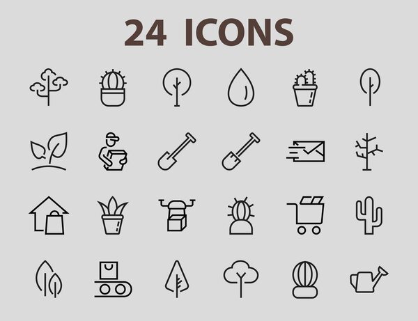 A set of Rosteniya Icons, and garden care, Vector illustration, Contains Icons such as tree, cactus, watering can, spade, flower and much more. on a white background, editable bar 480x480.