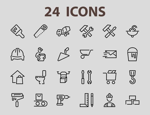 Set of construction icons, simple vector lines, contains the following icons: builder, roller, hammer with wrench, toilet bowl and much more. Editable stroke. 48x48 pixels perfect, white background.