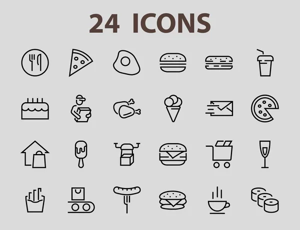 Vektör çizgisi ile ilgili basit bir fast food ikonu seti. Pizza, burger, suşi, bisiklet, çırpılmış yumurta ve daha fazlası gibi ikonlar içerir. Edilebilir felç. 480x480 piksel mükemmel, EPS 10.