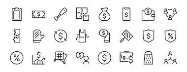 İş vektör çizgisi simgeleri. Kullanıcı sembolleri, dolar piktogramları, vitesler, evrak çantası, bulmacalar, zarf, yüzde, mesajlar, program ve daha fazlasını içeriyor. Düzenlenebilir Çubuk 460x460 piksel