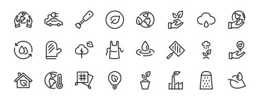 ECOLOGY simgeleri kümesi, vektör çizgileri, bir elektrikli araba, küresel ısınma, orman, eko, sulama bitkileri, bir bitki ve daha fazlası gibi ikonlar içerir. Düzenlenebilir vuruş, beyaz arkaplan.