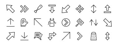 Satır okları, yönler, oklar, duraklama, devam, doğrudan sağa, düzenlenebilir vuruş gibi simgeler içerir. 480x480, Beyaz arkaplanda, Vektör illüstrasyonu.