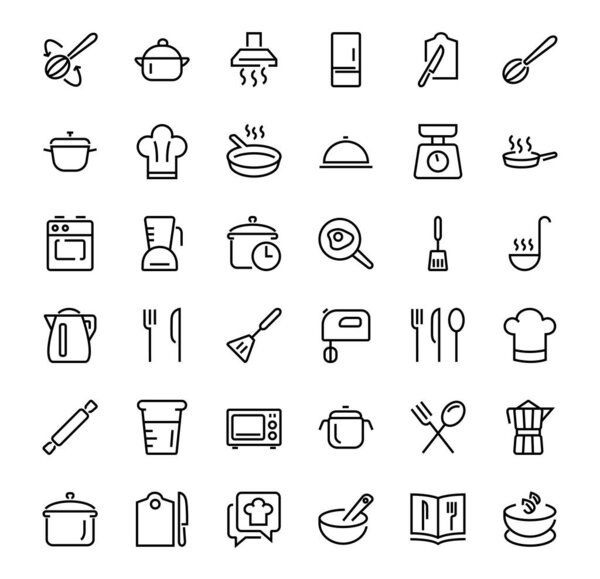 KITCHEN Cooking, Vector line illustration, contains icons, frying pan, frying, microwave, fork, recipe, mixer, boiling, fried eggs, cook hat, oven, scales, refrigerator, thin lines Editable stroke
