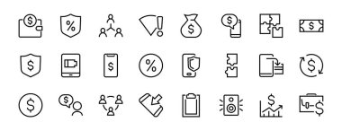 İş vektör çizgisi simgeleri. Kullanıcı sembolleri, dolar piktogramları, vitesler, evrak çantası, bulmacalar, zarf, yüzde, mesajlar, program ve daha fazlasını içeriyor. Düzenlenebilir Çubuk 460x460 piksel