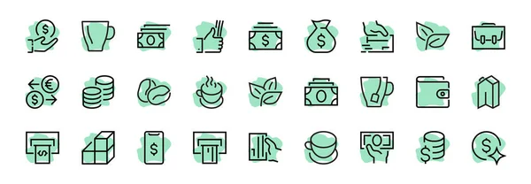 BUSINESS FINESS İnce Satır Simgesi Kümesi, Sikkeler, Para Takası, Kart Ödemesi, Terminal ve daha fazlası, Düzenlenebilir Satır, Vektör Resimleri gibi simgeler içerir.