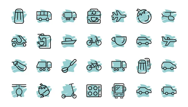 Ensemble d'icônes de lignes vectorielles liées aux transports publics. Contient des icônes telles que bus, vélo, valise, voiture, scooter, camion, transport, trolley bus, voilier, bateau à moteur, avion et bien plus encore. Course modifiable. — Image vectorielle