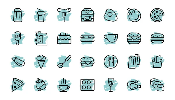 Un simple conjunto de iconos de comida rápida relacionados con la línea vectorial. Contiene iconos como pizza, hamburguesa, sushi, bicicleta, huevos revueltos y más. ACV EDITABLE. 480x480 píxeles perfectos, EPS 10 — Archivo Imágenes Vectoriales