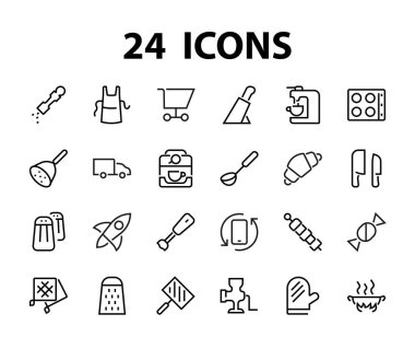 KITCHEN ICON Yemek pişirme süreci, mutfak araçları, simge seti, ince çizgi vektörü blender, fırın, bıçak, rende, barbekü, apron, barbekü, ızgara, kahve makinesi, mutfak eldiveni, düzenlenebilir felç