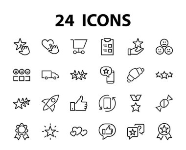 Basit Geri bildirim, ince çizgi simgelerini gözden geçirir. Değerlendirme, inceleme, STAR, ve daha fazlası, düzenlenebilir felç. Vektör illüstrasyonu