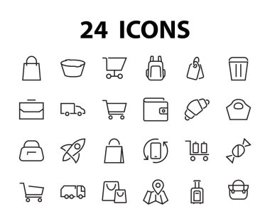 Basit çantalar, alışveriş ve seyahat ikonları. Vektör illüstrasyonu kart, cüzdan, alışveriş sepeti, indirim, kase, paket gibi simgeler içerir. Beyaz arkaplanda, düzenlenebilir vuruş