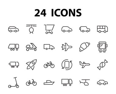 Toplu taşıma ile ilgili vektör çizgisi simgeleri kümesi. Otobüs, bisiklet, bavul, araba, scooter, kamyon, ulaşım, tramvay, yelkenli, motor, uçak gibi ikonlar içerir. Düzenlenebilir vuruş.