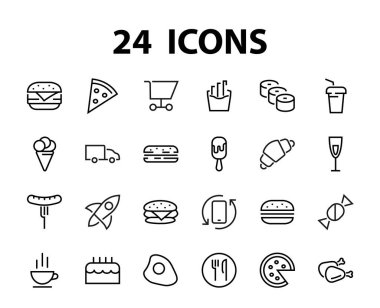   Vektör çizgisi ile ilgili basit bir fast food ikonu seti. Pizza, burger, suşi, bisiklet, çırpılmış yumurta ve daha fazlası gibi ikonlar içerir. Edilebilir felç. 480x480 piksel mükemmel, EPS 10