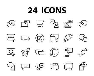 Mesaj çizgisi vektör çizgisi simgelerinin basit bir kümesi. Sohbet, SMS, bildirimler, grup sohbeti ve daha fazlası gibi simgeler içerir. Düzenlenebilir felç. 48x48 piksel mükemmel, beyaz arkaplan