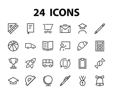 Basit bir okul eşyası seti. Öğrenci, ödül, coğrafya, beden eğitimi, geometri ve daha fazlası gibi ikonlar içerir. Beyaz arka planda. Düzenlenebilir felç. 480x480