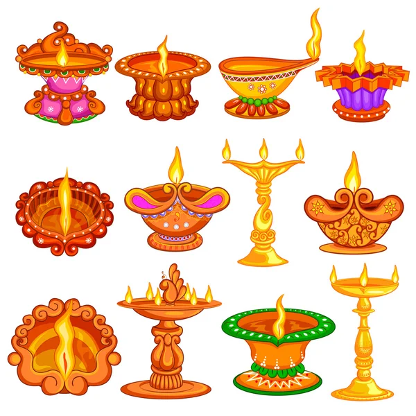 Collection de diya décoré pour fond de vacances Happy Diwali — Image vectorielle