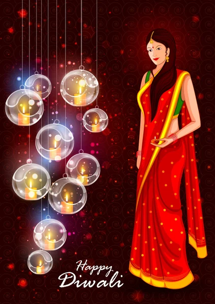 Señora india para feliz Diwali vacaciones India fondo — Vector de stock