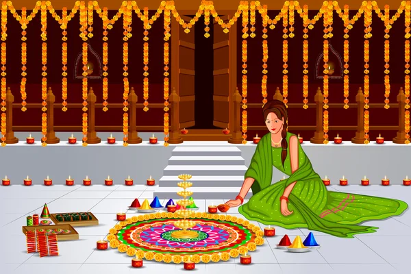 Indische dame met ingerichte opknoping licht voor Gelukkige Diwali — Stockvector