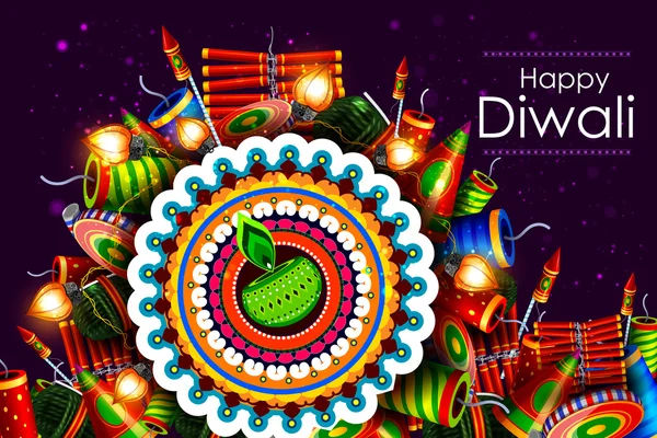 Dekorierte Diya mit Cracker für fröhlichen Diwali-Urlaub Hintergrund — Stockvektor