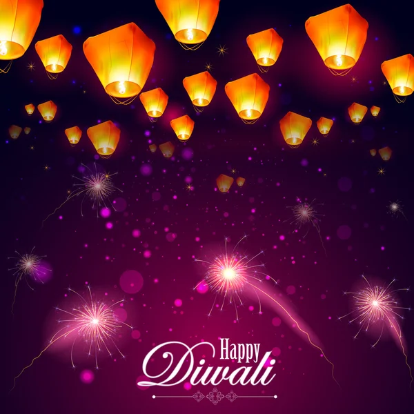 Lâmpada flutuante e fogos de artifício em Diwali noite de férias — Vetor de Stock