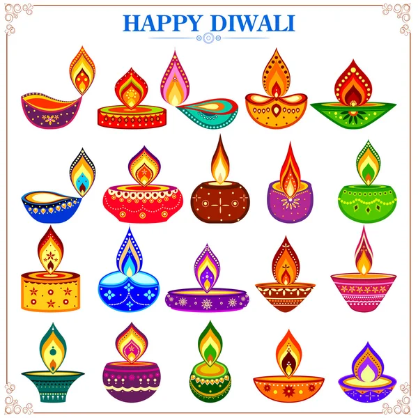Sammlung dekorierter Diya für einen glücklichen Diwali-Urlaub — Stockvektor