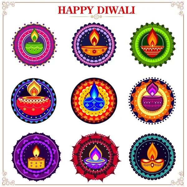 Sammlung dekorierter Diya auf Rangoli für einen glücklichen Diwali-Urlaub — Stockvektor