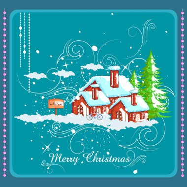 Neşeli Noel tatil kutlaması için ağaç ile kar ev dekore edilmiş