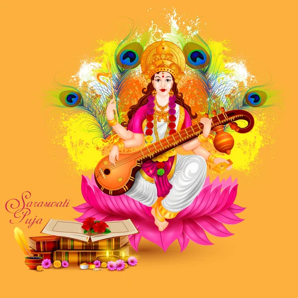 Deusa Saraswati para Vasant Panchami Puja da Índia — Vetor de Stock