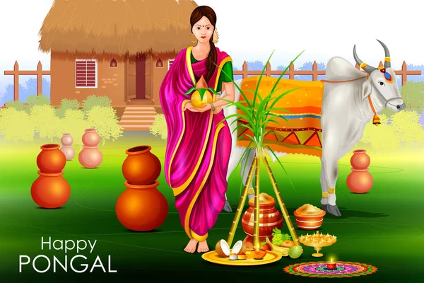 Happy Pongal festivaali Tamil Nadu Intian tausta — vektorikuva