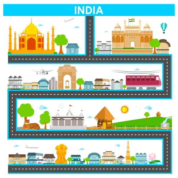 与著名的纪念碑和印度建设城市景观 — 图库矢量图片
