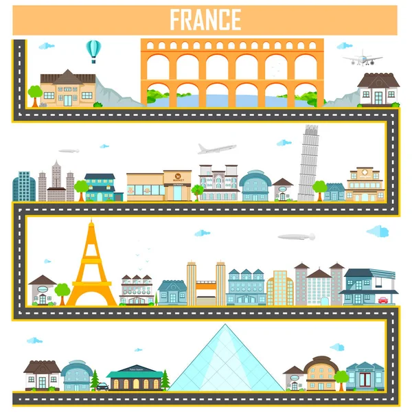 Paysage urbain avec monument célèbre et bâtiment de la France — Image vectorielle