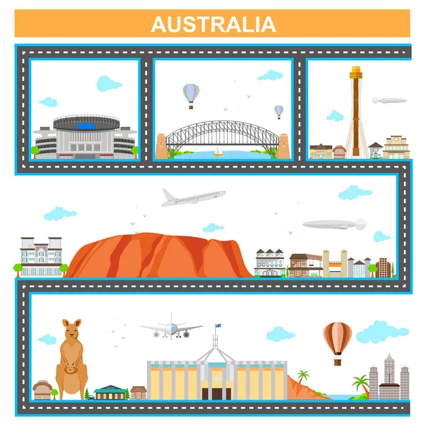 Paisaje urbano con famoso monumento y edificio de Australia — Vector de stock