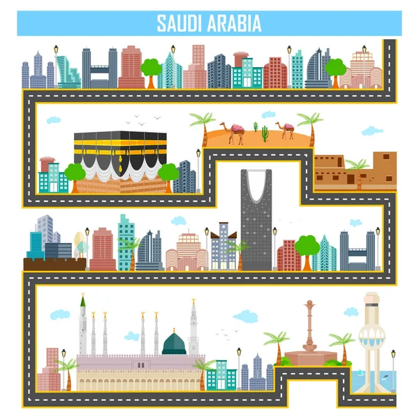 Paesaggio urbano con famoso monumento e costruzione dell'Arabia Saudita — Vettoriale Stock