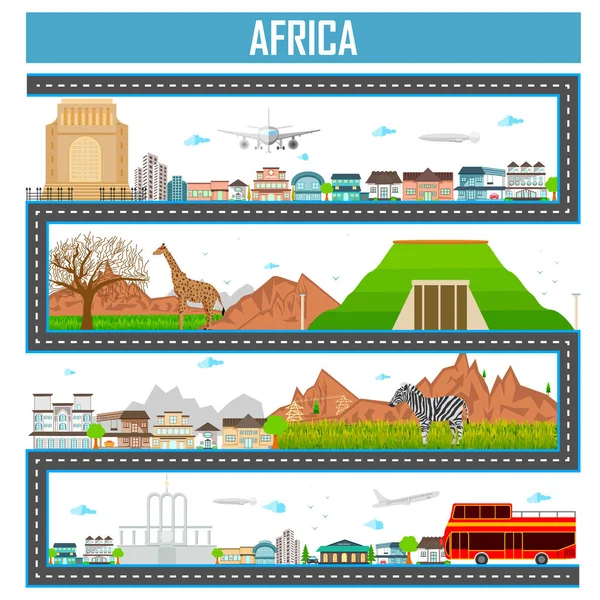 Paisaje urbano con famoso monumento y edificio de África — Vector de stock