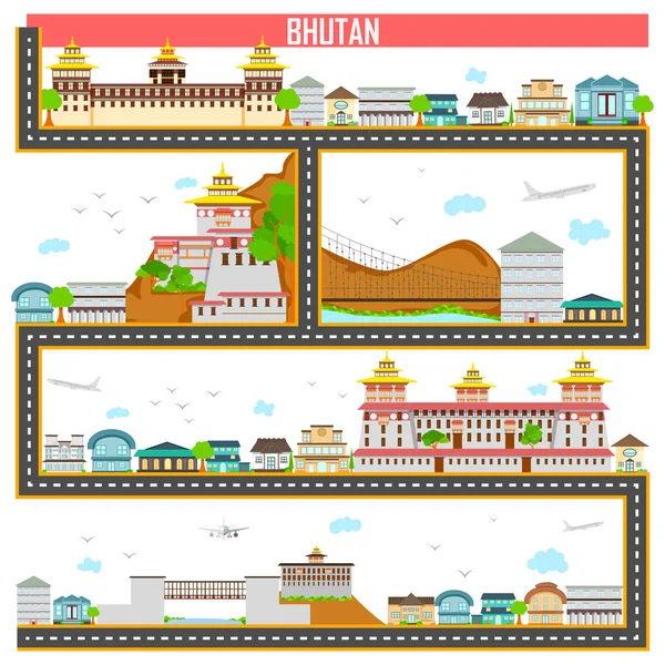 Cityscape com monumento famoso e construção do Butão —  Vetores de Stock