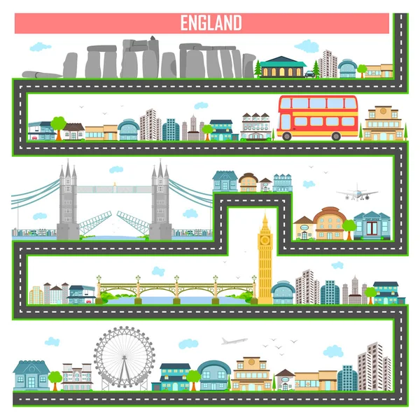 Paisaje urbano con famoso monumento y edificio de Inglaterra — Vector de stock