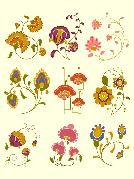 カラフルな装飾的なレトロな花コレクション — ストックベクタ