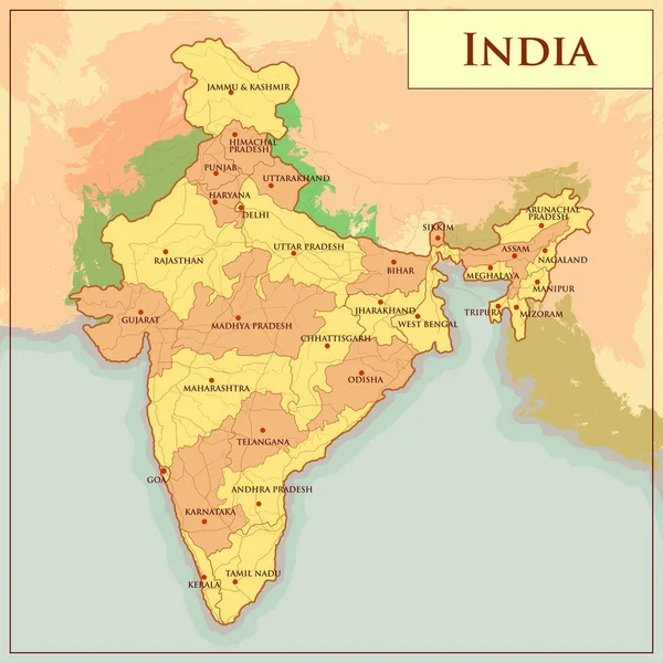 印度与不同状态的物理地图 — 图库矢量图片