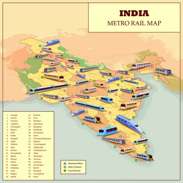 Metro Rail operacyjnych i przyszłości plan Mapa Indii — Wektor stockowy