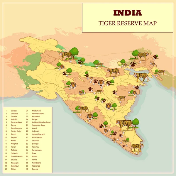 Carte de réserve de tigres de l'Inde — Image vectorielle