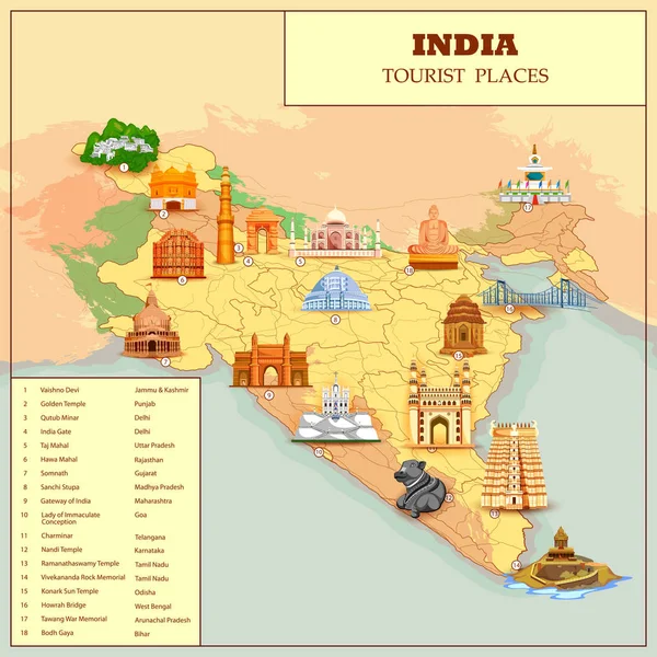 Beroemde toeristische attractie plek kaart van India — Stockvector