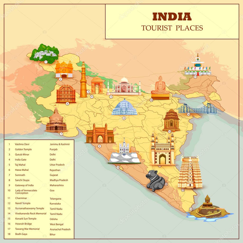 Famous Tourist attraction Place Map Of India — Stock Vector