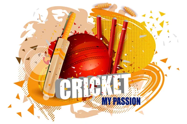 Cricket Hintergrund mit Schläger, Ball und Baumstumpf Wicket — Stockvektor