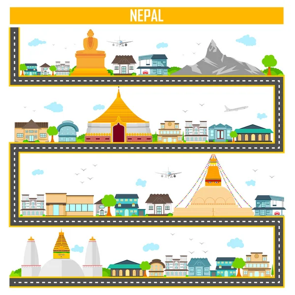 Cityscape com monumento famoso e construção do Nepal — Vetor de Stock
