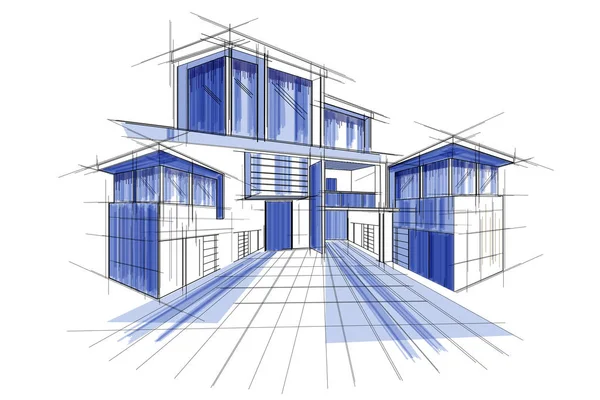Schets van de buitenkant ontwerp-blauwdruk bouwontwerp — Stockvector
