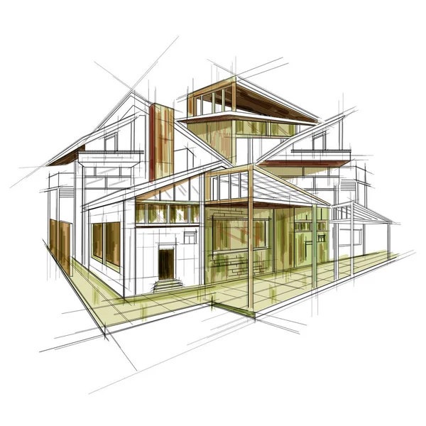 Sketch of exterior building draft blueprint design — Stock Vector