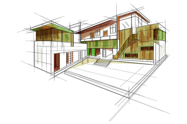 Sketch of exterior building draft blueprint design