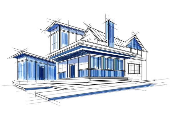 Schets van de buitenkant ontwerp-blauwdruk bouwontwerp — Stockvector
