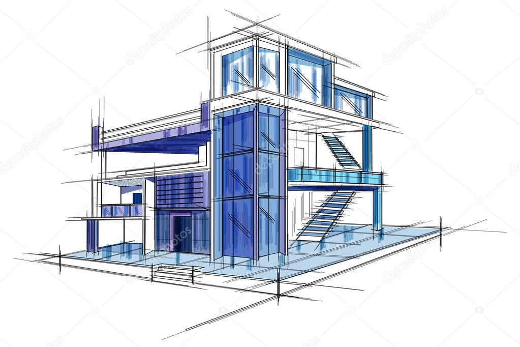 Sketch of exterior building draft blueprint design